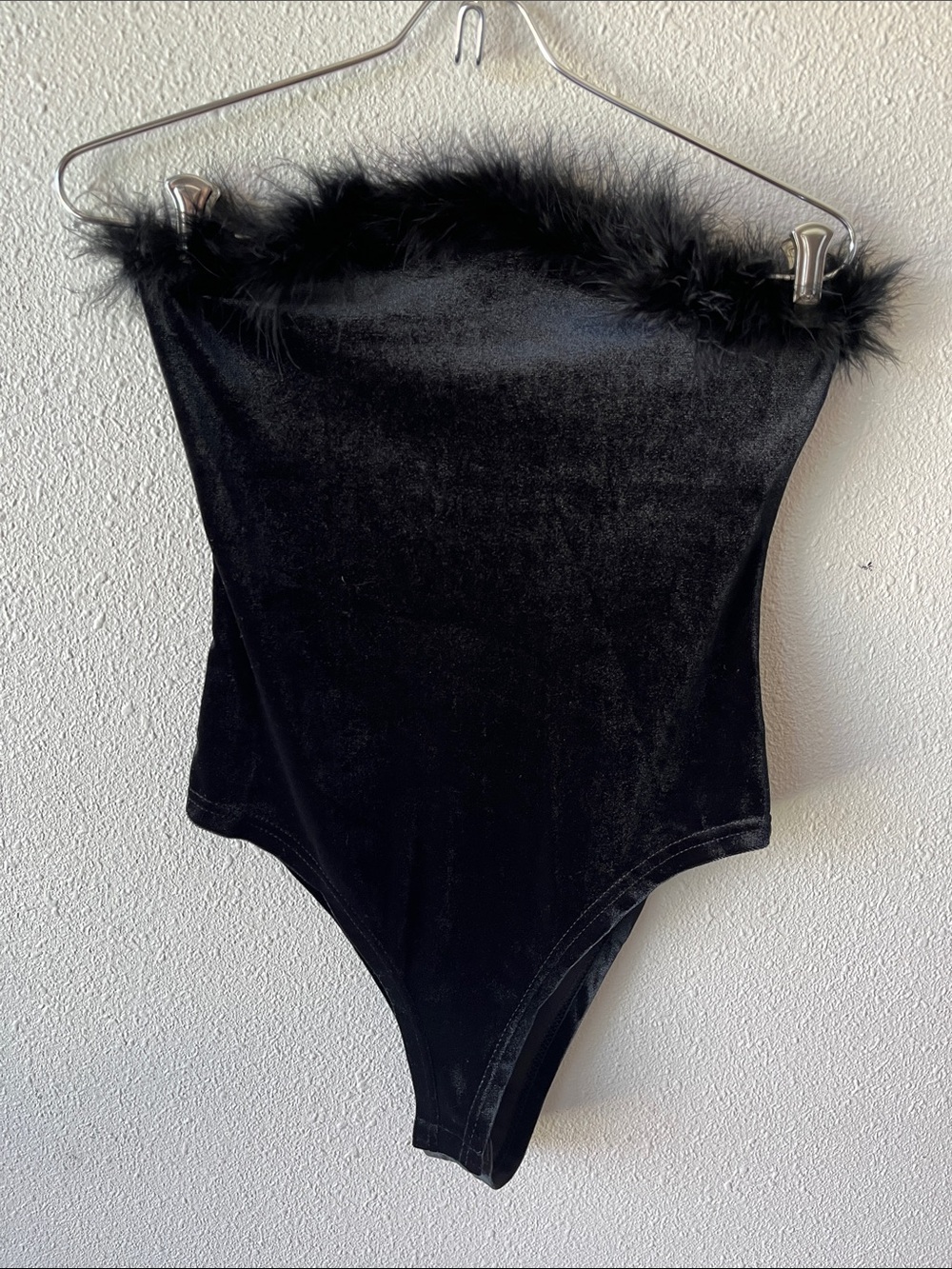Shein Fuzzy Trim Velvet Tube Bodysuit